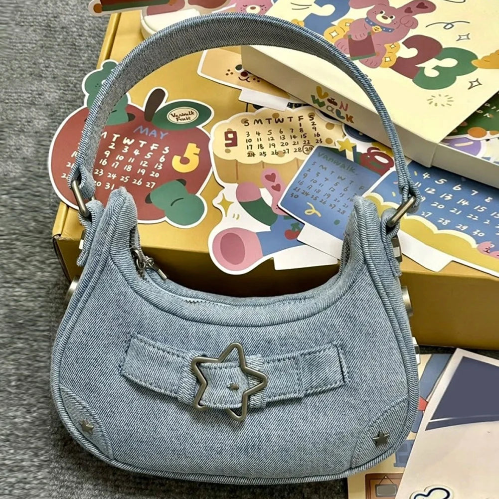 Sac à bandoulière vintage Y2K pour femme – Sac hobo en denim rétro avec design arrière, fermeture éclair et couleur unie