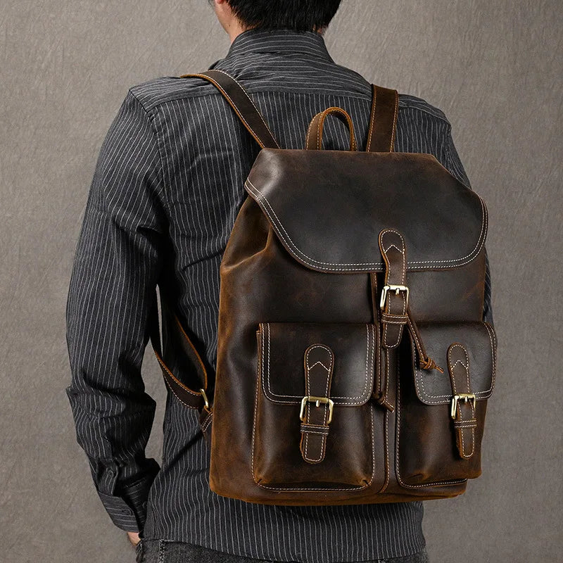 LUUFAN Vintage Leder Rucksack Herren – Crazy Horse Bucket Backpack aus echtem Rindsleder mit großem Stauraum 