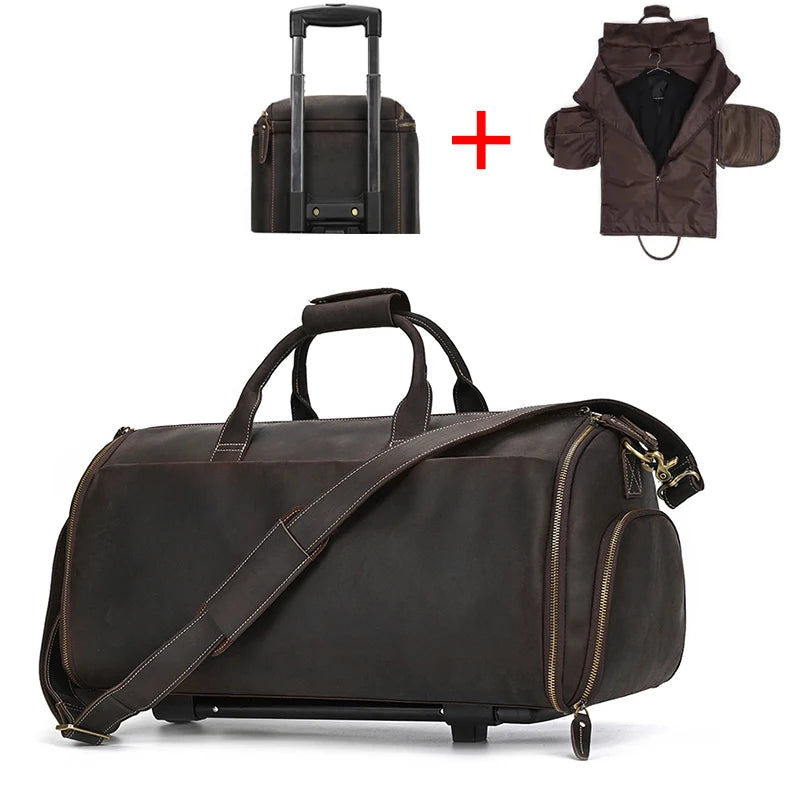 Luufan Business Leder Trolley Reisetasche mit Rollen – Hochwertige Crazy Horse Echtleder Reisetasche für Herren mit Schuhfach & Kleidersack