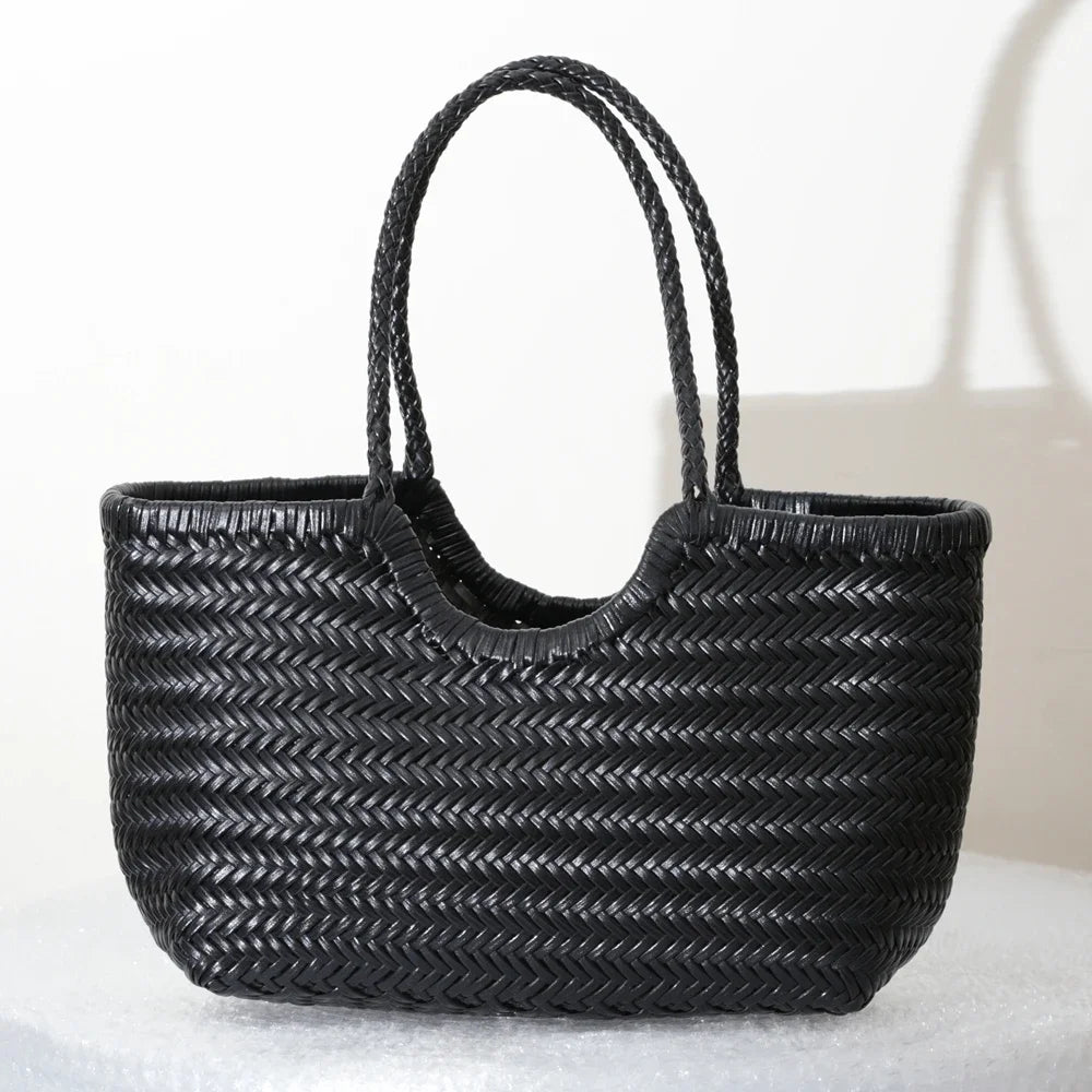 Damen Schultertasche aus echtem Leder – Handgeflochtene Vintage Tote Bag aus Rindsleder, große Shoppingtasche