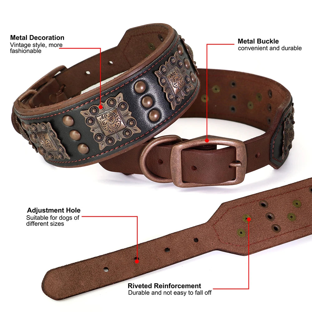 Luxus Leder Hundehalsband &amp; Leinen Set – Breites, gepolstertes Echtleder mit Metallnieten für große &amp; kräftige Hunde 