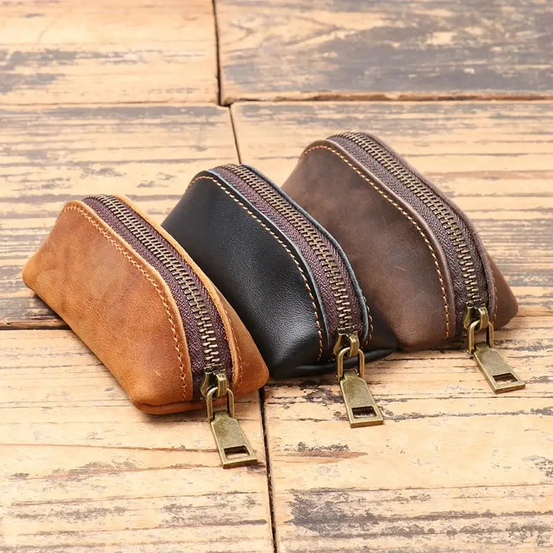 Echtleder Münz- und Schlüsselbörse – Cartera de mano con cremallera vintage aus Rindsleder für Karten &amp; Schlüssel 