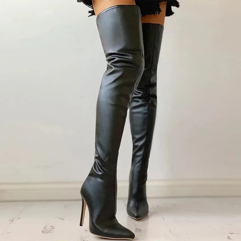 Damen Overknee Stiefel High Heel – Sexy Thigh High Boots aus Stretch-PU-Leder mit spitzer Zehenform (Größe 34–46)