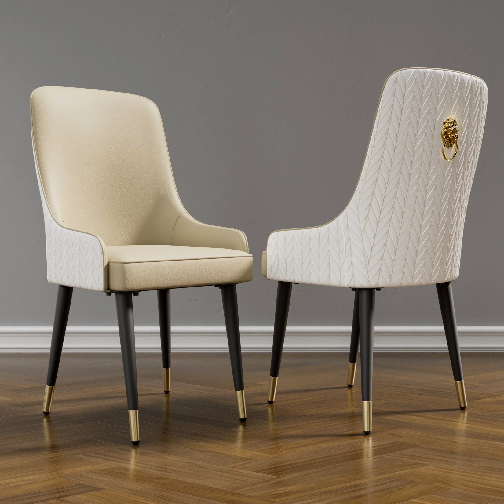 Set aus 2 modernen PU-Leder Esszimmerstühlen – Gepolsterte Dining Chairs mit hohem Rücken, goldenem Löwenkopf-Zierring & Metallbeinen