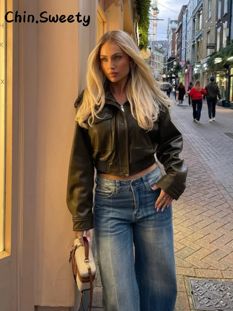 Damen Cropped Kunstleder Jacke Vintage Streetwear 2025 – Kurze High-Street Lederoptik Jacke mit Taschen & Reißverschluss, Herbst/Winter Outwear