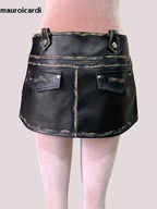 Damen PU Leder Minirock asymmetrisch – Schwarzer High-Waist Rock im Vintage Look, Distressed Emo Style für Sommer & Night-Out