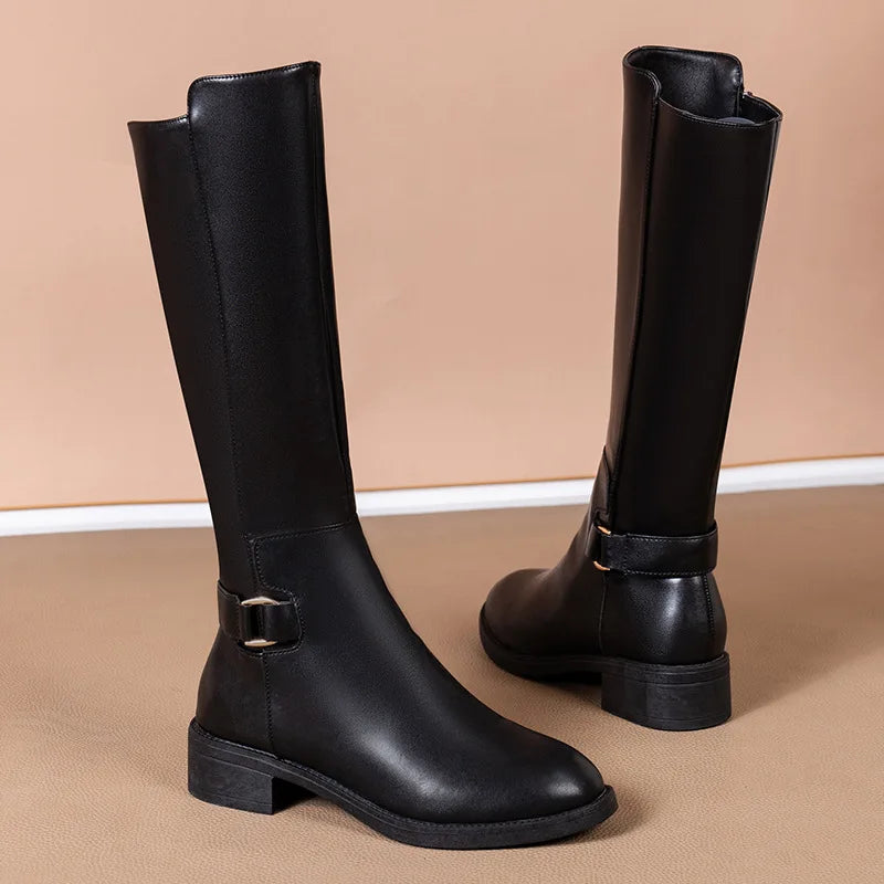Schwarze Damen Kniehohe Stiefel aus PU-Leder – Elegante Reitstiefel mit Metallschnalle, Reißverschluss &amp; komfortablem Blockabsatz (Größe 34–41)