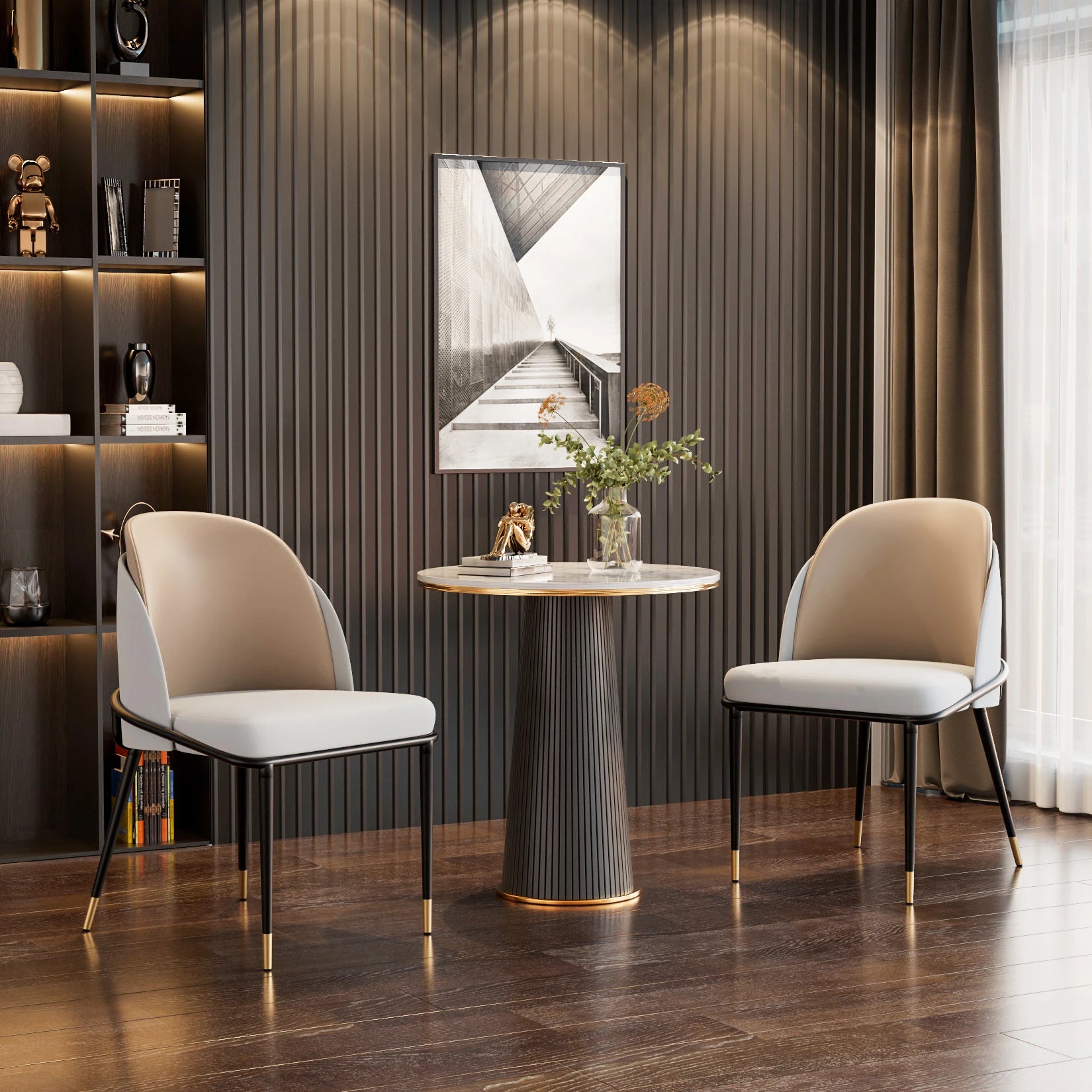 Set aus 2 modernen Esszimmerstühlen aus Kunstleder – Gepolsterte Dining Chairs mit Holzrücken & Armlehnen, eleganter Zwei-Farben-Look