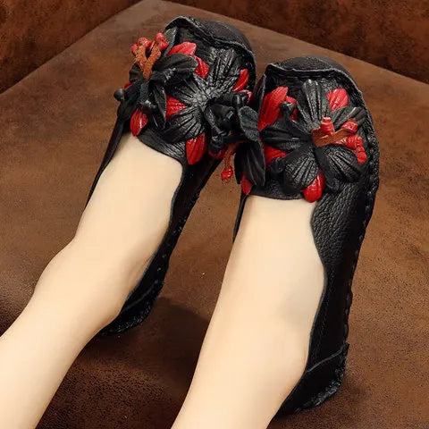 feerldi Damen Loafers – Handgefertigte Vintage Flats aus echtem Leder, Slip-On Mokassins, Retro Ballet Flats für Frühling & Herbst