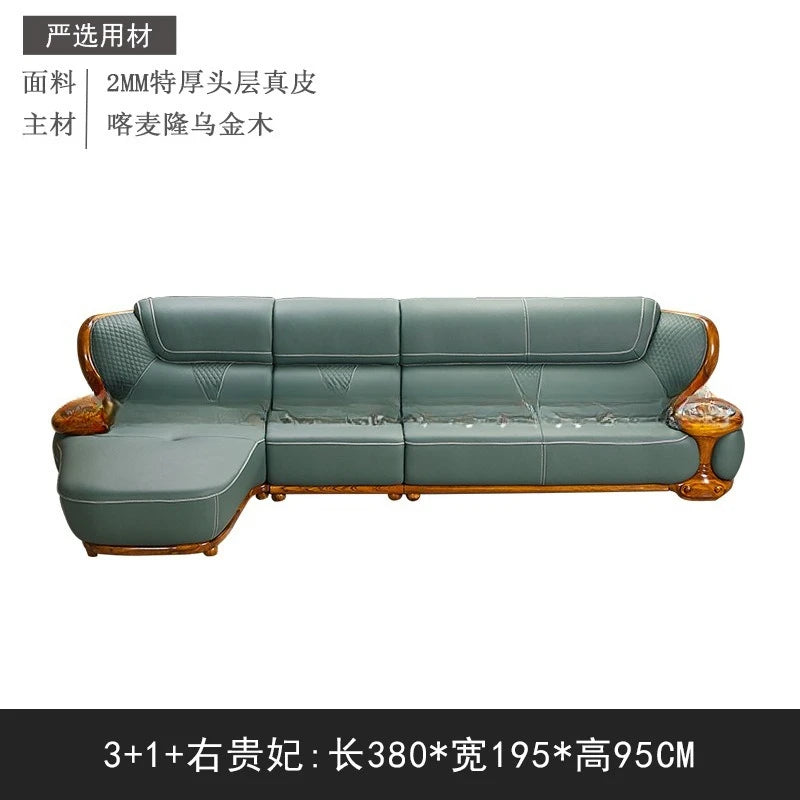 Modernes Luxus Ecksofa aus Echtleder in Schwarz-Gold – Nouveau style chinois Wohnlandschaft mit Massivholzrahmen, Rindsleder Top-Grain