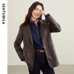 Sentubila Damen PU Lederjacke – Kaffee-Farbener Biker-Style Mantel mit Reverskragen, Lange Ärmel, Winddicht für Herbst & Winter