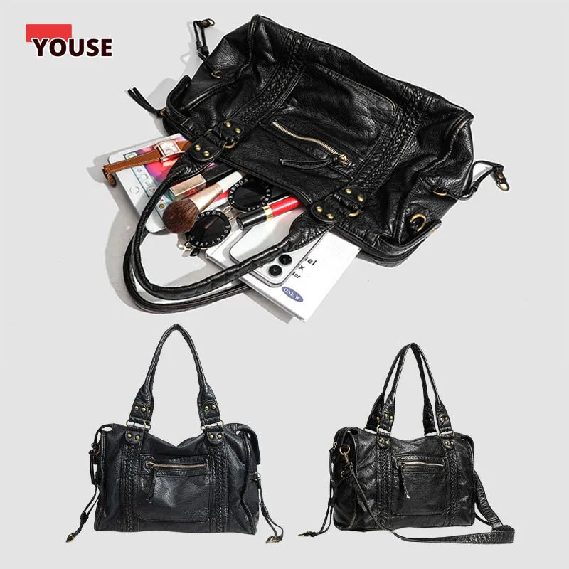 Schwarze Damen Tote Bag mit Flechtrand & goldenen Nieten – Elegante Arbeitstasche mit Front-Reißverschluss & Tragegriffen