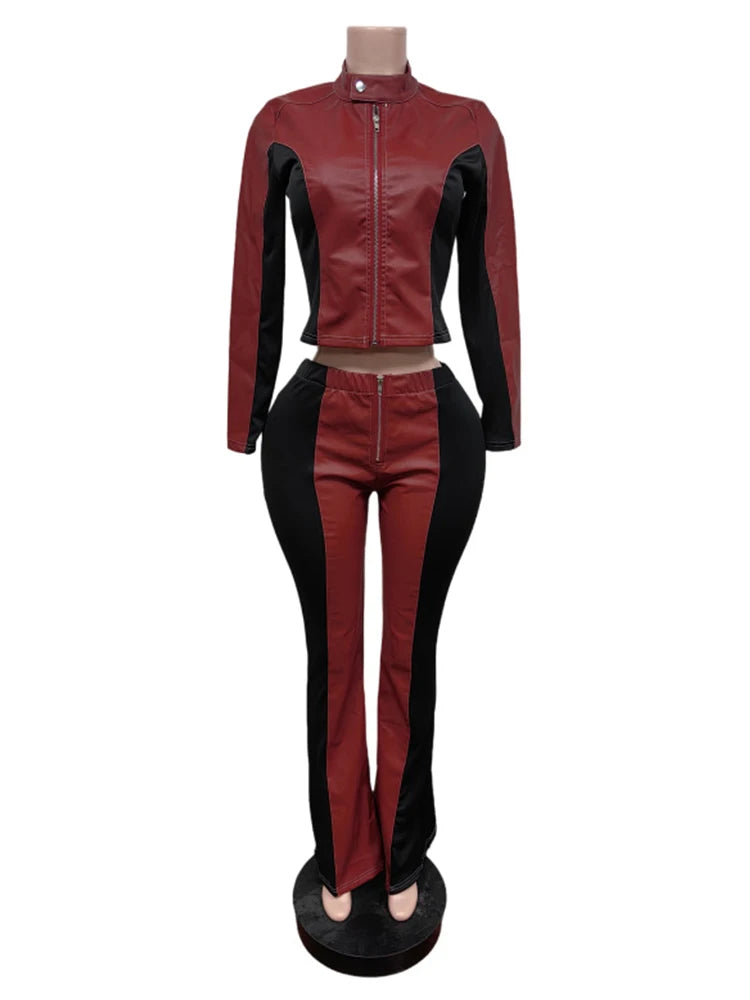 Kliou Damen PU-Leder 2-Teiler Set – Kontrast Patchwork Zip-Jacke & Skinny Hose, High-Street Streetwear Outfit für Herbst & Winter
