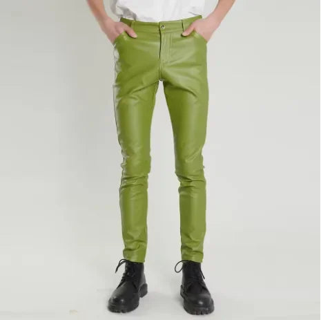 Herren Stretch PU Lederhose im Biker-Stil – Modische Pencil Pants in Gold, Rot, Blau, Schwarz, Weiß & Silber (Gr. 28–40)