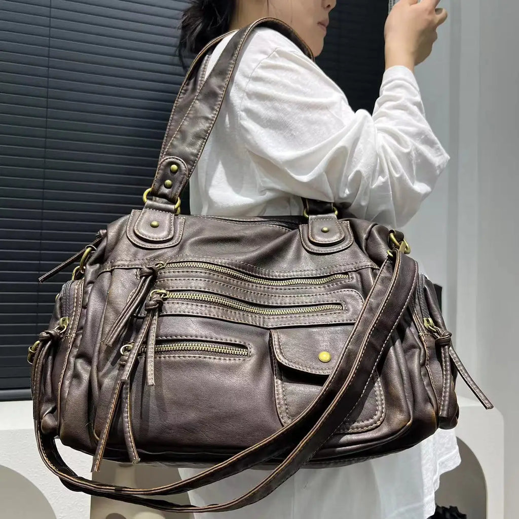 Y2K Bolso bandolera para mujer – Vintage PU-Leder Motorrad Tasche mit Multi-Fächern, Große Kapazität Schultertasche für Frauen