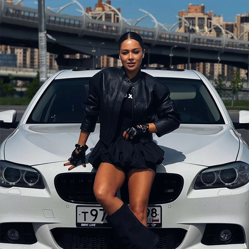 Damen Slim Fit PU Lederjacke – Klassische Biker & Bomber Kunstlederjacke mit Reißverschluss, elegante Übergangsjacke für Frühling & Herbst