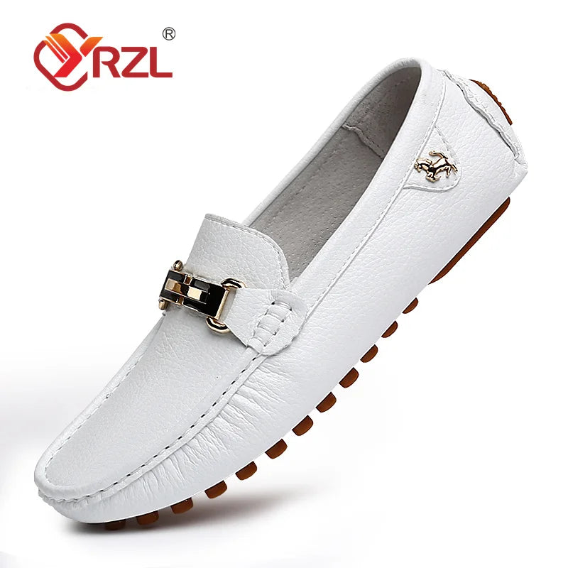 YRZL Herren Loafer Weiß – Handgefertigte Slip-On Mokassins aus PU-Leder, Komfortable Driving Shoes für Alltag & Freizeit