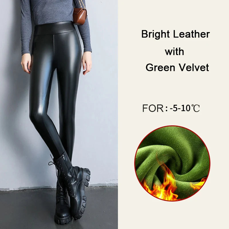 BIVIGAOS Damen Samt PU Leder Leggings – High Waist, warm gefüttert, matte Lederoptik & Slim Fit für Herbst und Winter