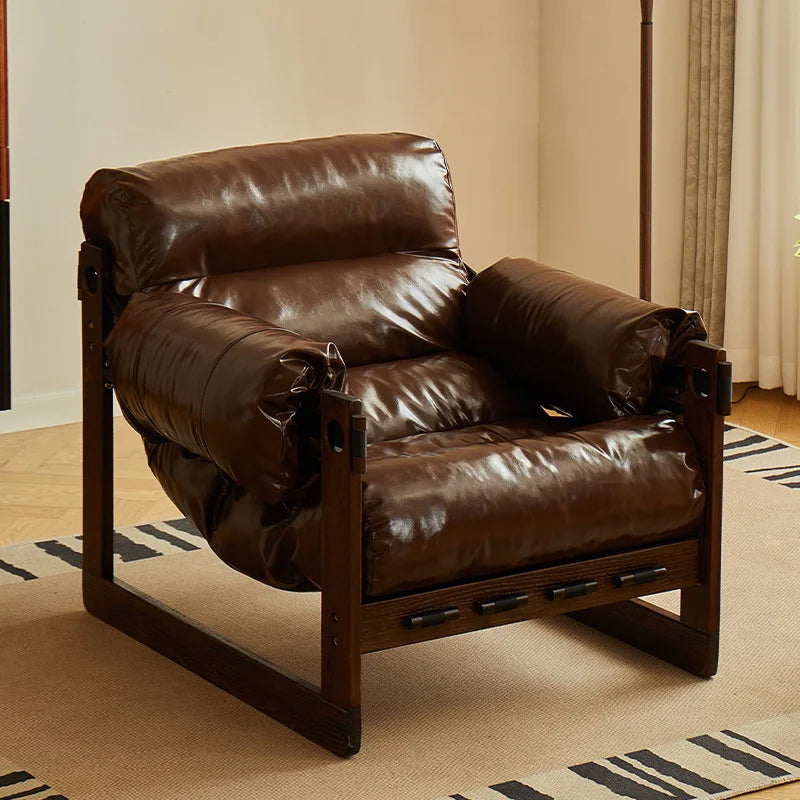 Retro Holz-Relaxsessel aus Leder – Bequemer Accent Chair mit Massivholzrahmen, sillón lounge más moderno para Wohnzimmer, Schlafzimmer &amp; Arbeitszimmer