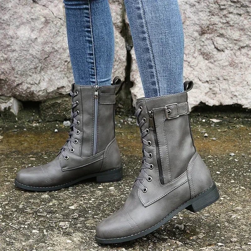 Damen Ankle Boots mit Blockabsatz – PU Leder Stiefeletten mit Schnürung & Reißverschluss, bequeme Herbst-Winter Arbeitsschuhe in großen Größen