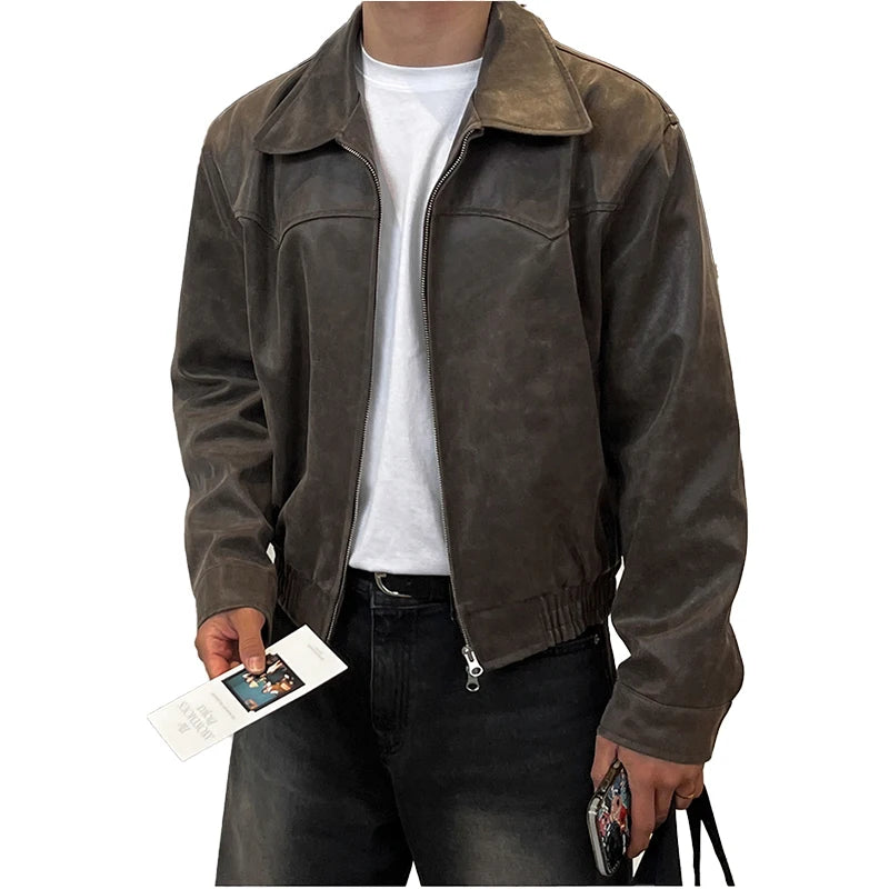 Vintage Herren PU-Lederjacke in Braun – Leichte, gewaschene Kurzjacke im Korean Style mit Reißverschluss für Frühling & Herbst