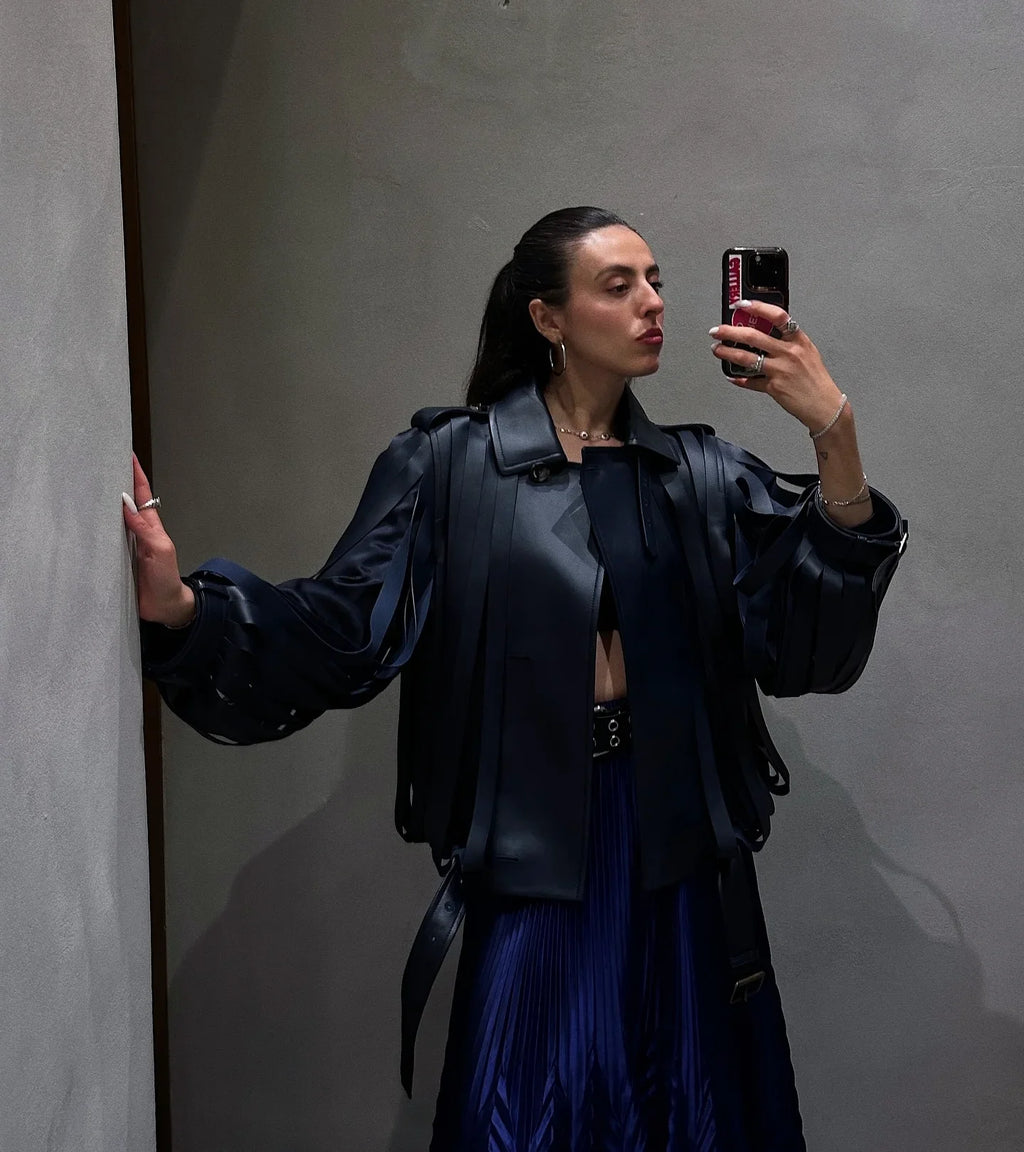 Veste d'art surdimensionnée pour femme 2025 – Chic High-Street Lederoptik mit Reverskragen, Gürtel &amp; Reißverschluss, Retro Streetwear Mantel 