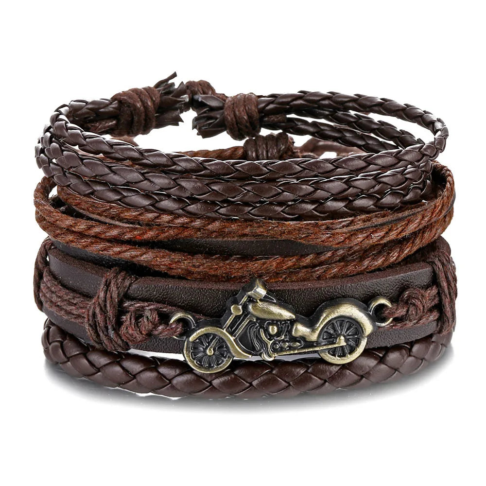 Punk Leder Wickelarmband mit Gitarren- & Unendlichkeits-Symbol – Geflochtenes Vintage Armband mit Holzperlen, Ethno Tribal Wristband für Damen & Herren