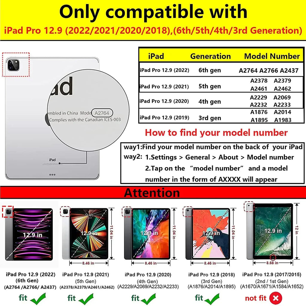 Funda con tapa de cuero de PU para iPad Air 13 (2024 M2) y iPad Pro 12.9 - Funda inteligente con función de encendido automático y soporte (2015-2022) 