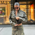 MUJER Damen Cropped PU Lederjacke – Kurze Bomberjacke mit Reißverschluss & Stehkragen, lässige Bikerjacke für jede Saison