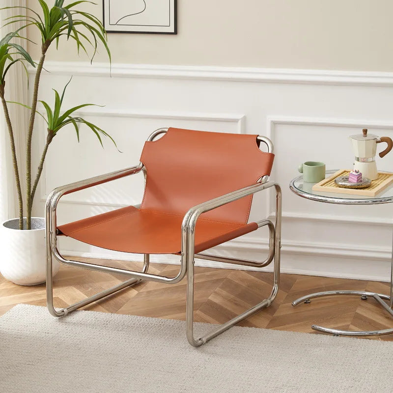 Bauhaus Designer Einzelsessel aus Edelstahl &amp; Sattelleder – Moderner Luxus Leisure- &amp; Relaxstuhl im nordischen Stil