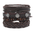 Vintage Lederarmband für Herren – Mehrfach geflochtenes Armband mit braunen Holzperlen, verstellbares Zugband im klassischen Stil