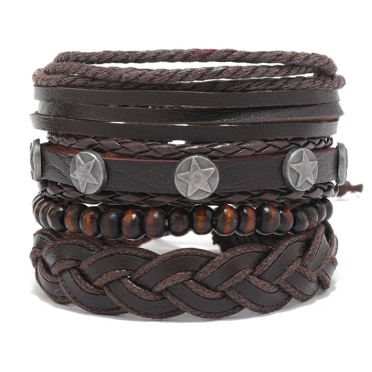 Vintage Lederarmband für Herren – Mehrfach geflochtenes Armband mit braunen Holzperlen, verstellbares Zugband im klassischen Stil