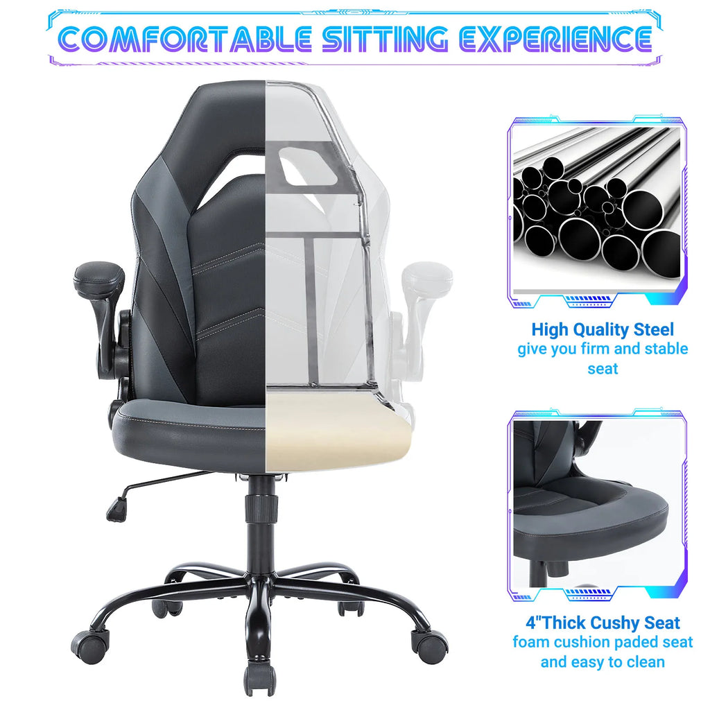 JHK Ergonomischer Bürostuhl & Gaming Chair aus PU-Leder – Höhenverstellbarer Racing Drehstuhl mit klappbaren Armlehnen für Homeoffice & Computer