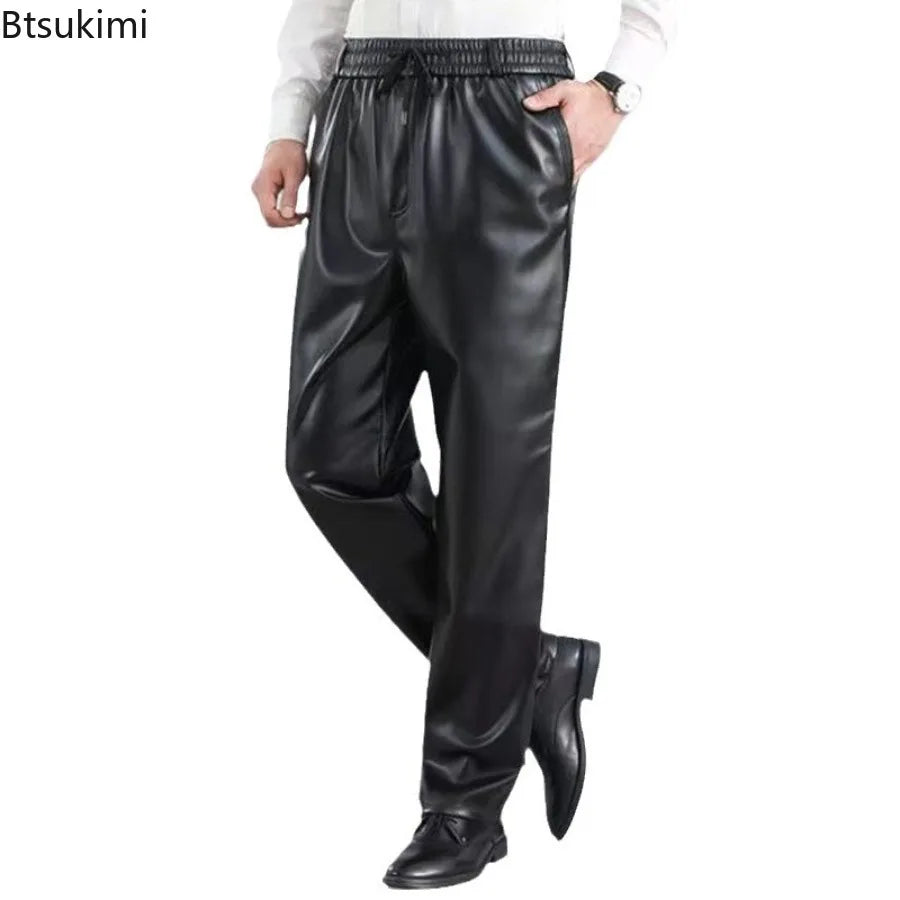 Herren PU Lederhose Herbst/Winter – Elastischer Bund, gerade Casual-Passform, winddichte & warme Motorrad-Kunstlederhose
