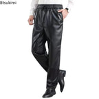 Herren PU Lederhose Herbst/Winter – Elastischer Bund, gerade Casual-Passform, winddichte & warme Motorrad-Kunstlederhose