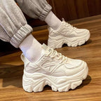 Damen Plateau Sneaker 2024 – Schwarze Chunky Sportschuhe aus PU-Leder & Mesh, Modische Plattform-Sneakers für Sommer & Freizeit