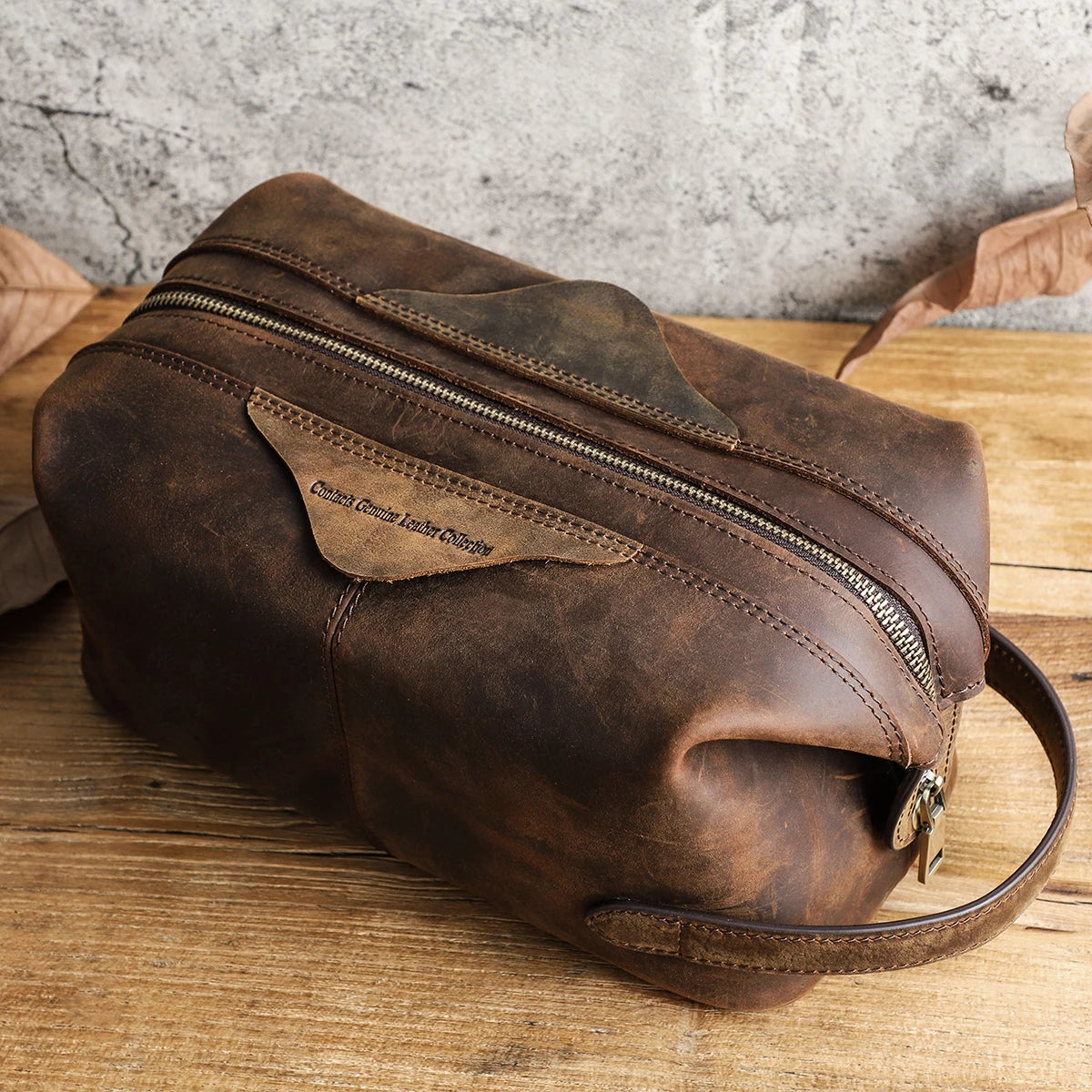 CONTACT’S Herren Hängender Echtleder Kulturbeutel – Vintage Crazy Horse Leder Toiletry Bag mit Reißverschluss