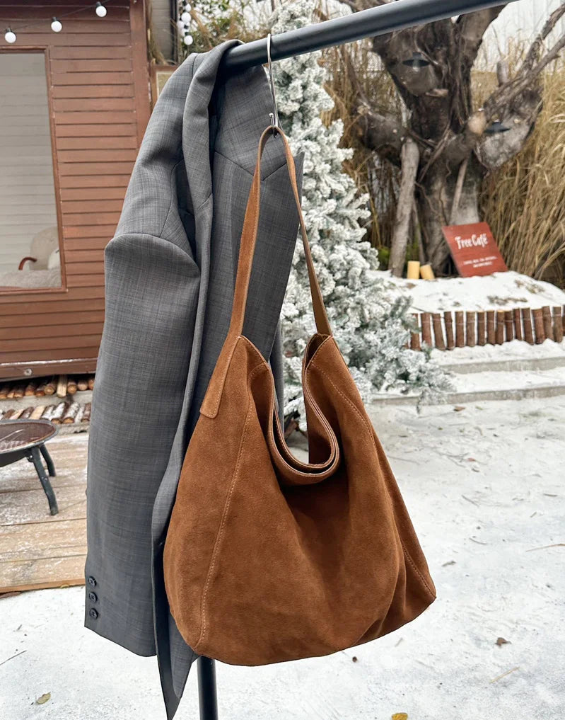 famicare 2025 Damen Frosted Leather Tote Bag – Große Suede Bucket Handbag, Minimalistische Underarm Hobo Schultertasche