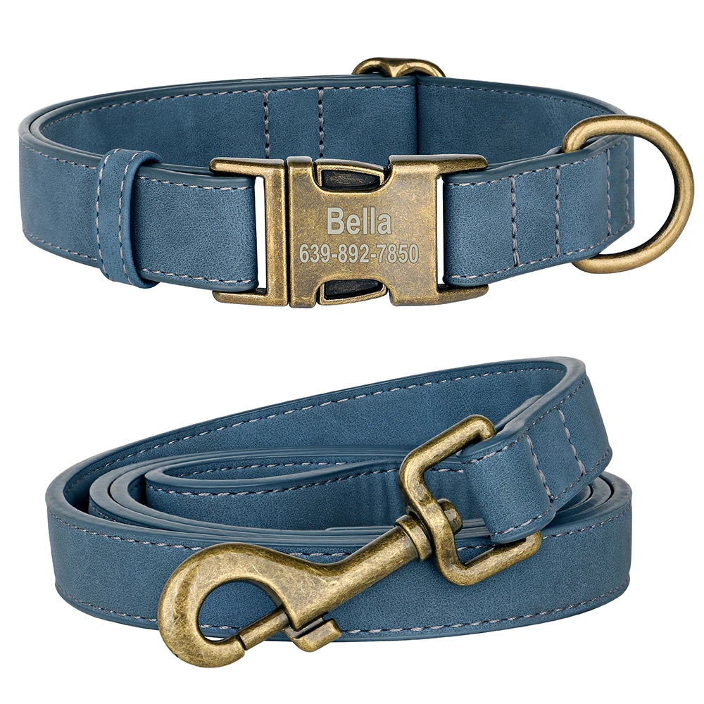 Personalisiertes Hunde-Halsband & Leinen-Set aus PU-Leder – Verstellbares Anti-Verlust Halsband mit gravierter Metallschnalle für kleine & mittelgroße Hunde
