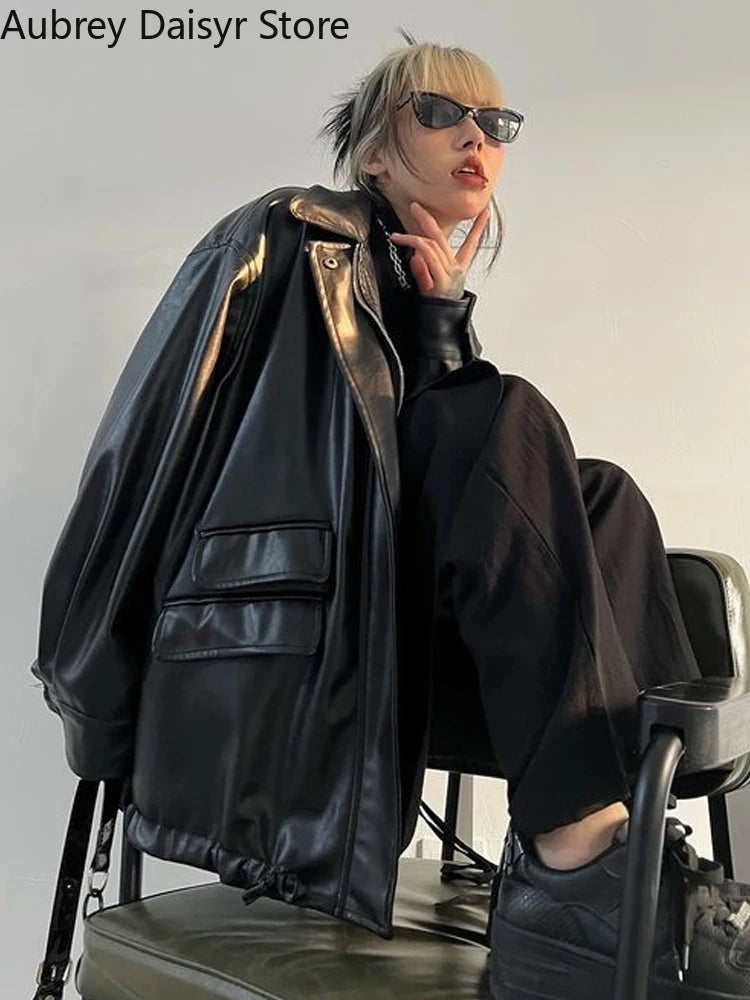 Damen Schwarze Punk Lederjacke – Biker Streetwear Zipper Jacke, Vintage High Street Lederjacke für Herbst & Winter 2023