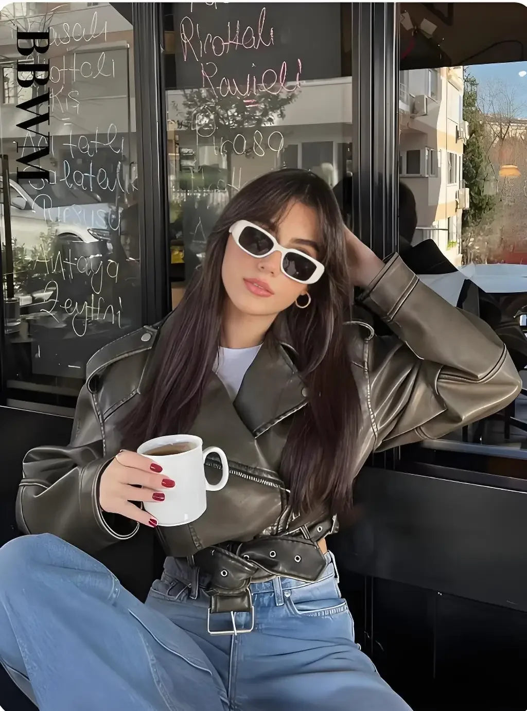 Damen Oversized Vintage PU Lederjacke – Kurze Biker Kunstlederjacke mit Gürtel & Reißverschluss, lässige Streetwear Moto Jacke