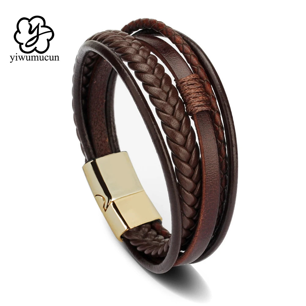 Herren Lederarmband mit Edelstahl & geflochtenem Design – Mehrlagiges Vintage Armband 21 cm für stilbewusste Männer