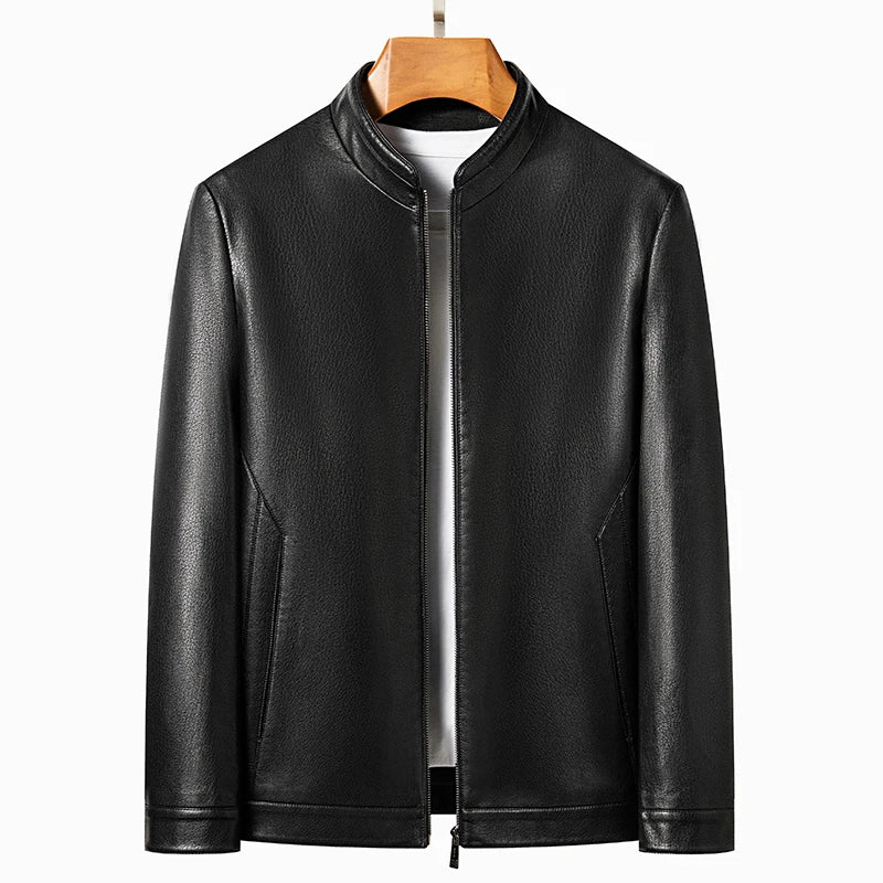Veste en cuir pour homme au véritable Schafleder – Veste d'extérieur coupe slim avec revers, classique Kragen, noir