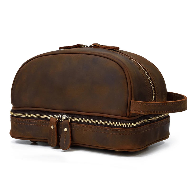 Hochwertige Kleine Reise-Kosmetiktasche aus Crazy Horse Leder – Vintage Leder Wash- &amp; Make-up Bag para hombres 
