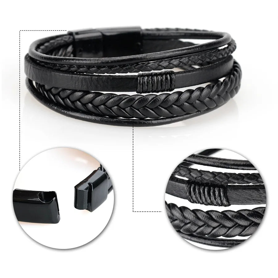 Herren Lederarmband mit Edelstahl & geflochtenem Design – Mehrlagiges Vintage Armband 21 cm für stilbewusste Männer