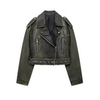 Damen Faux Leather Bikerjacke – Chic Moto Lederoptik Jacke mit Reißverschluss & Gürtel, Langarm Übergangsjacke für Herbst & Winter