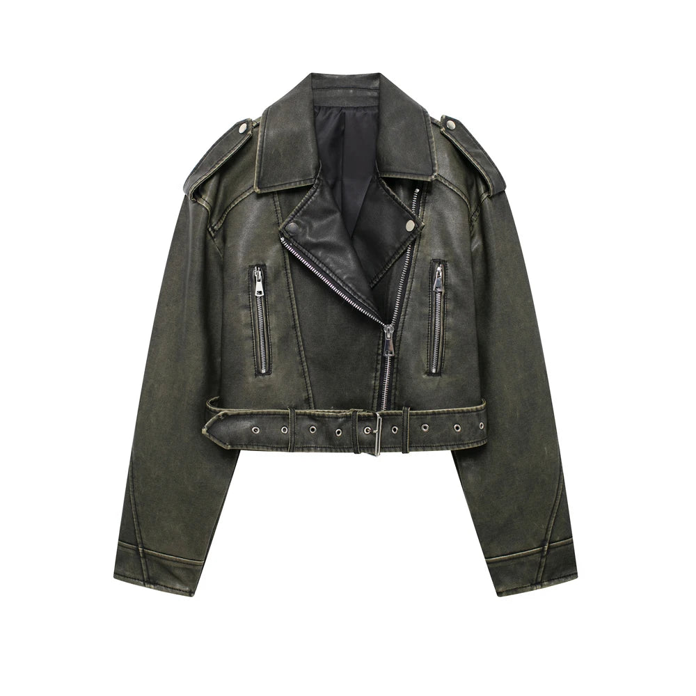 Damen Faux Leather Bikerjacke – Chic Moto Lederoptik Jacke mit Reißverschluss & Gürtel, Langarm Übergangsjacke für Herbst & Winter