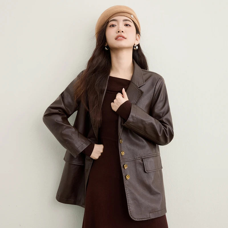 Sentubila Damen PU Lederjacke – Kaffee-Farbener Biker-Style Mantel mit Reverskragen, Lange Ärmel, Winddicht für Herbst & Winter