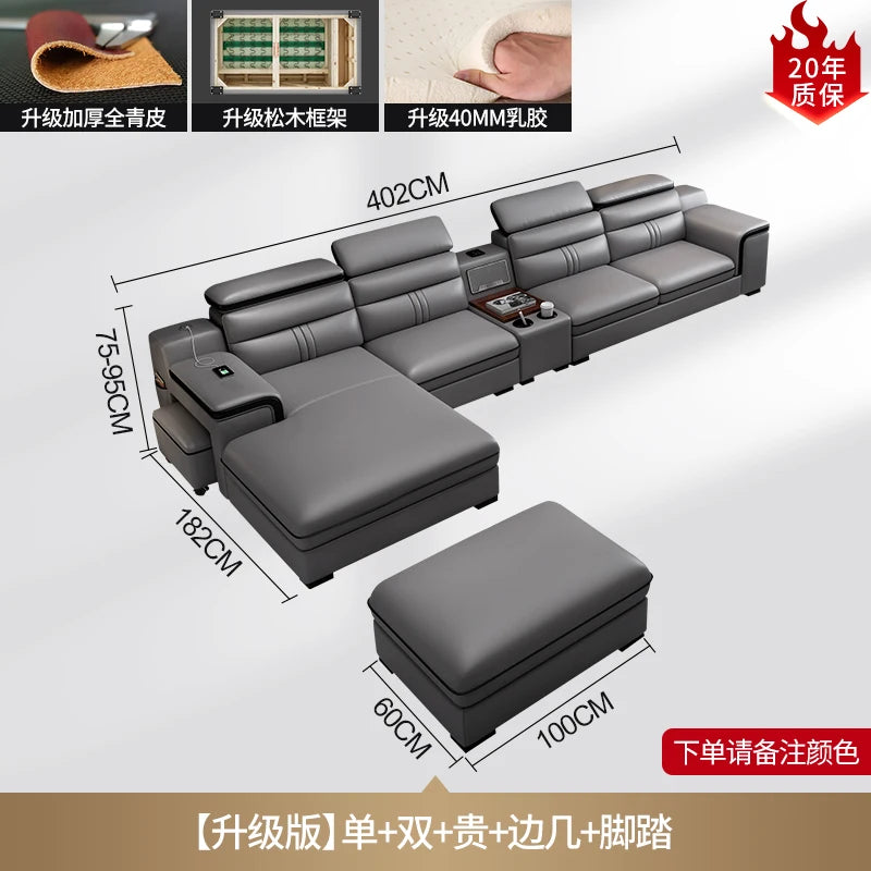 Smartes Leder-Ecksofa aus Rindsleder mit kabellosem Laden & Audio – Modernes Designer Sofa mit Massagefunktion und Stauraum
