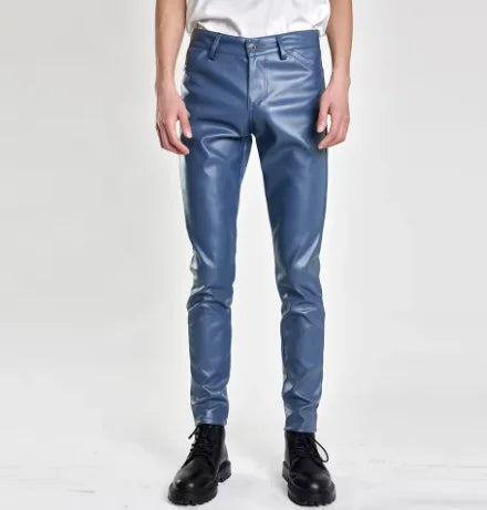 Herren Stretch PU Lederhose im Biker-Stil – Modische Pencil Pants in Gold, Rot, Blau, Schwarz, Weiß & Silber (Gr. 28–40)